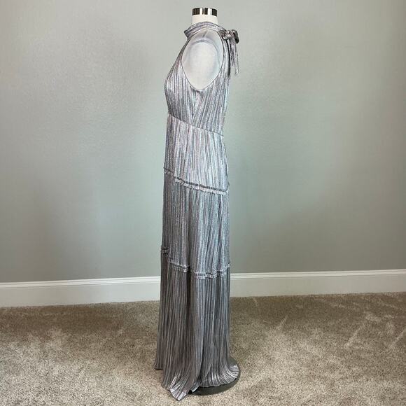 Silver Metallic Halter Evening Gown Size 12 Ruffled A-Line Long Dress by AQUA - Picture 6 of 13